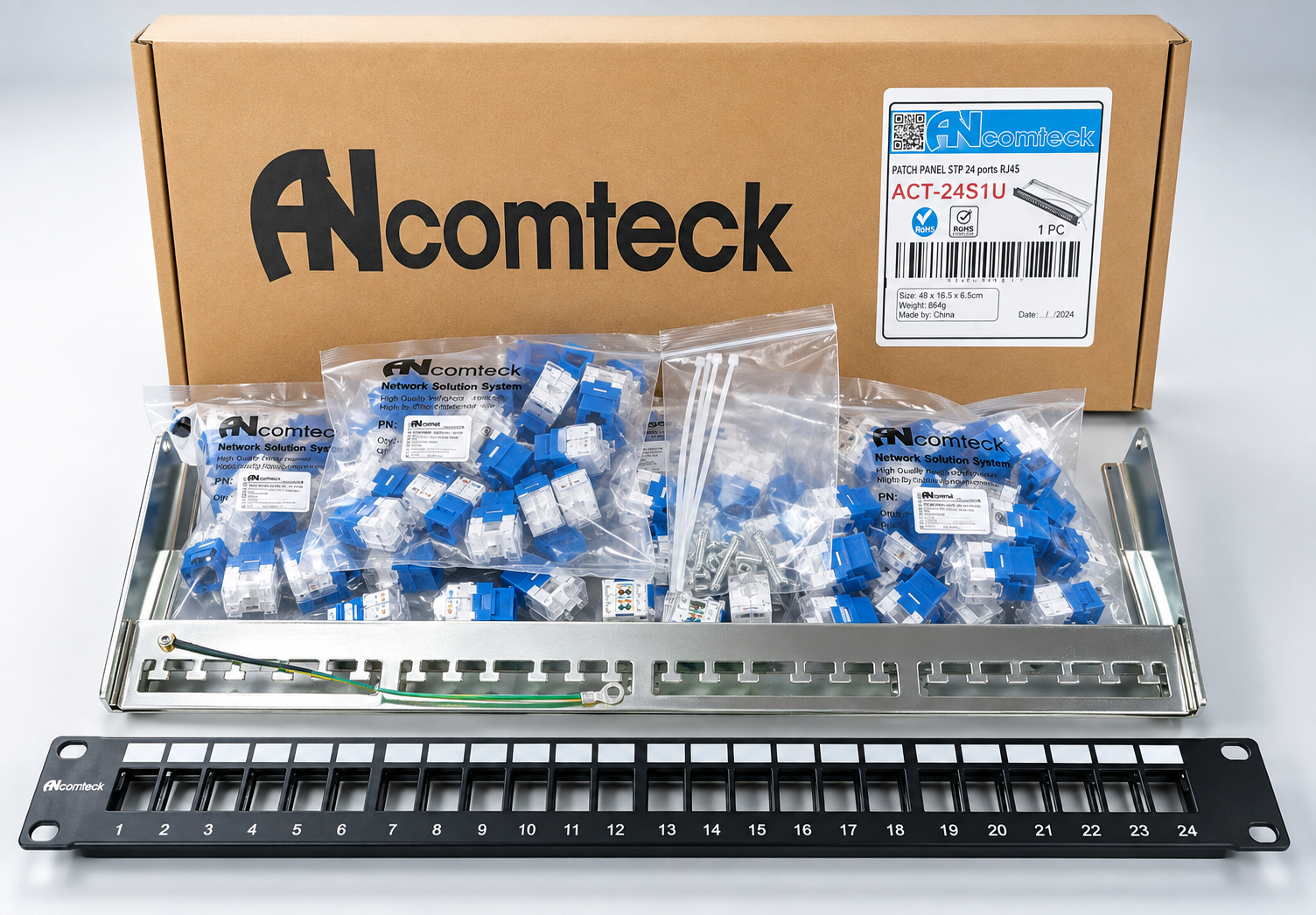 Patch panel 24 cổng Cat6 UTP mã ACT-24S1U, ACT-JK28-C6-US chính hãng ANCOMTECK